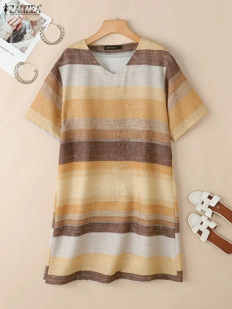 فستان تي شيرت مخطط بألوان متباينة فستان نسائي صيفي 2025 أنيق برقبة على شكل حرف v وأكمام قصيرة فساتين فضفاضة غير رسمية بطول الركبة ملابس يومية #1