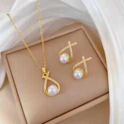 Classic Personality Stainless Steel Micro-inlaid Pearl Irregular Necklace Earring Set Fashion Stainless Steel Gift