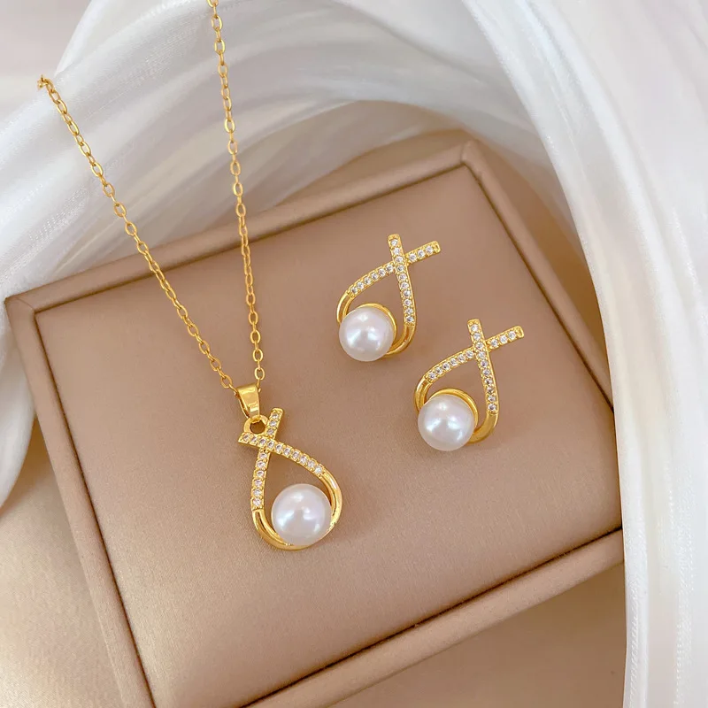 Classic Personality Stainless Steel Micro-inlaid Pearl Irregular Necklace Earring Set Fashion Stainless Steel Gift