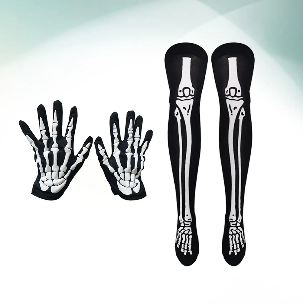 

2Pairs Halloween Cosplay Bone Printing Socks Set Soft Lightweight Breathable Thigh High Stockings 3D Pattern Stage Performance