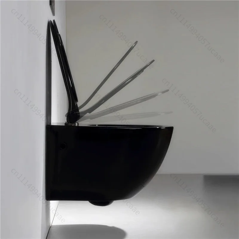 Modern Black Wall-Hung Toilet with P-Trap Concealed Tank Round Bowl One-Piece Ceramic Design Hanging Toilet 20026