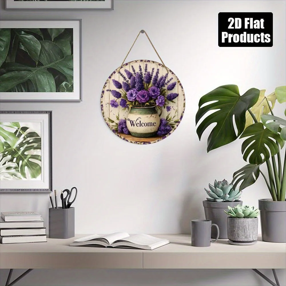 2D Flat, 2D Flat Printed, 1pc Vintage Lavender Themed Round Wooden Sign Hanger, Decorative Plaque Wall Hanging Ornament, for Wal