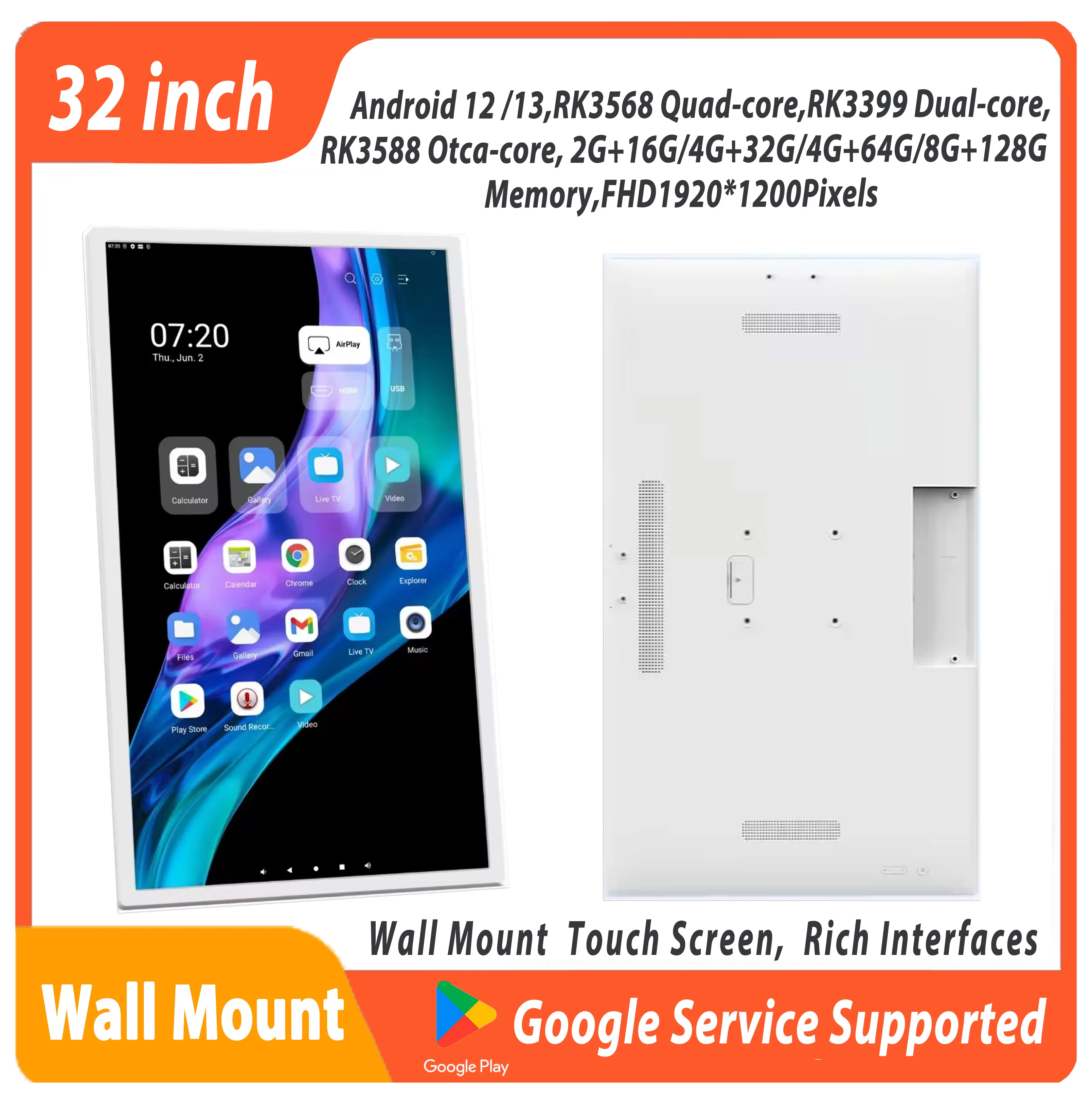 32 Inch Android 13 8G+128G Multi-media Player HDMI IN Touch Screen Wall-Mount Tablet White Color Large Memory Slim Display HDMI