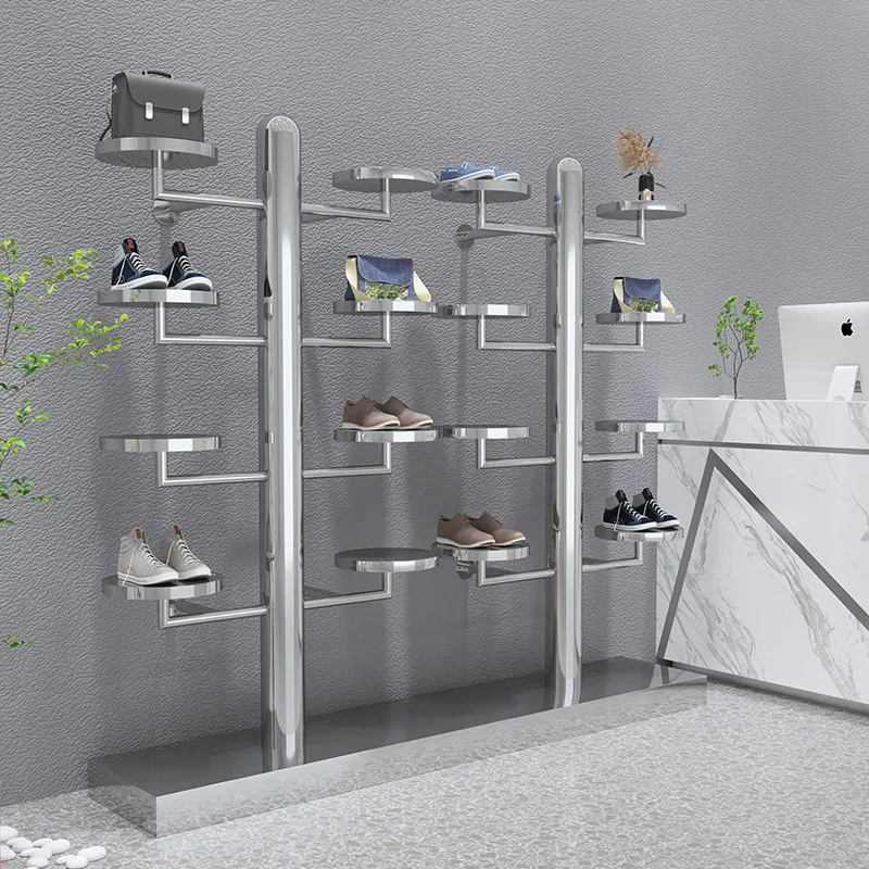 Shoe store shoe rack display rack, wall hanging stainless steel mirror shelf, high-end clothing store bag display rack