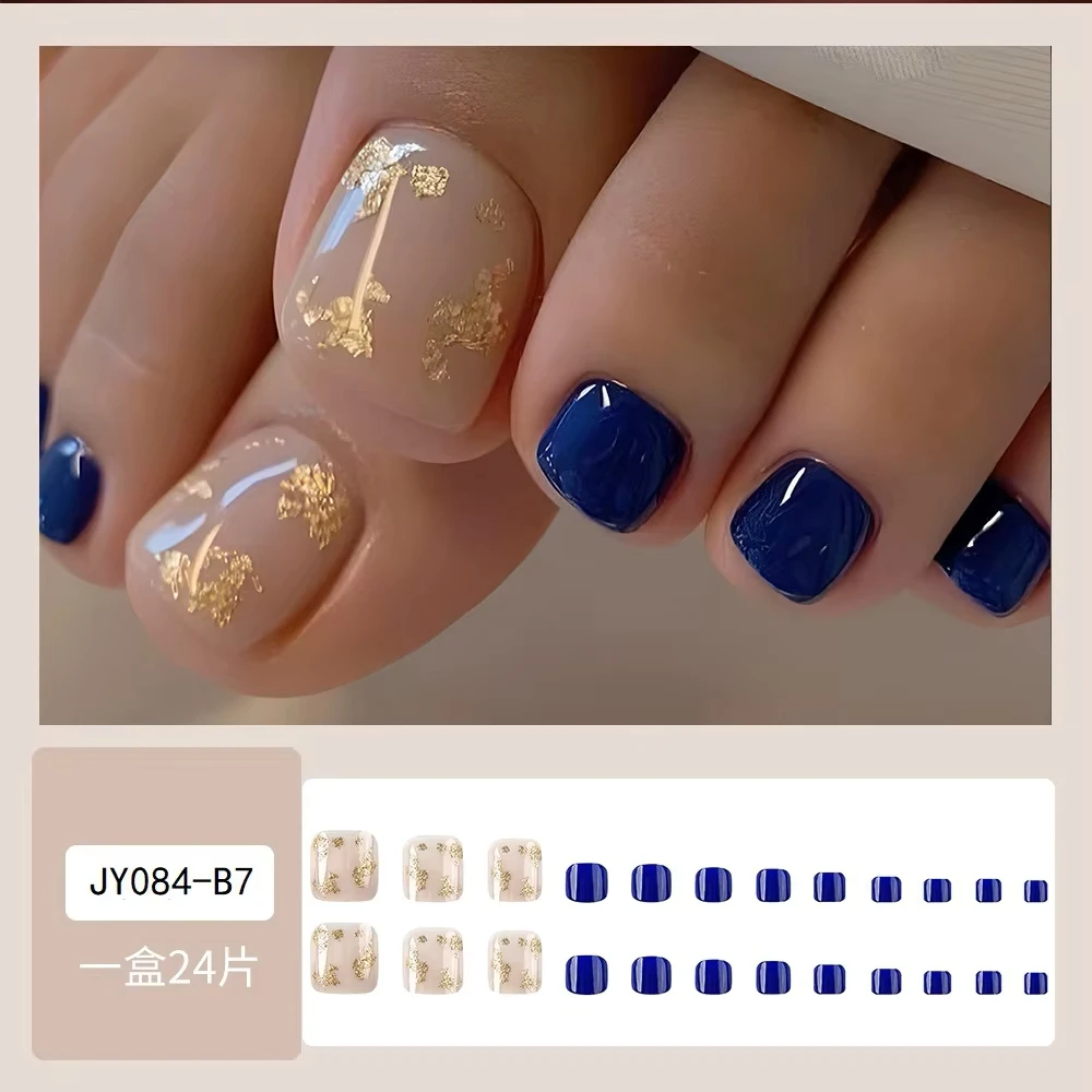 24Pcs Press on Nails Summer New Style Wearing Nail Patch White Treasure Blue Gold Sparkling Pink Toe Nail Patch Wearing Nail