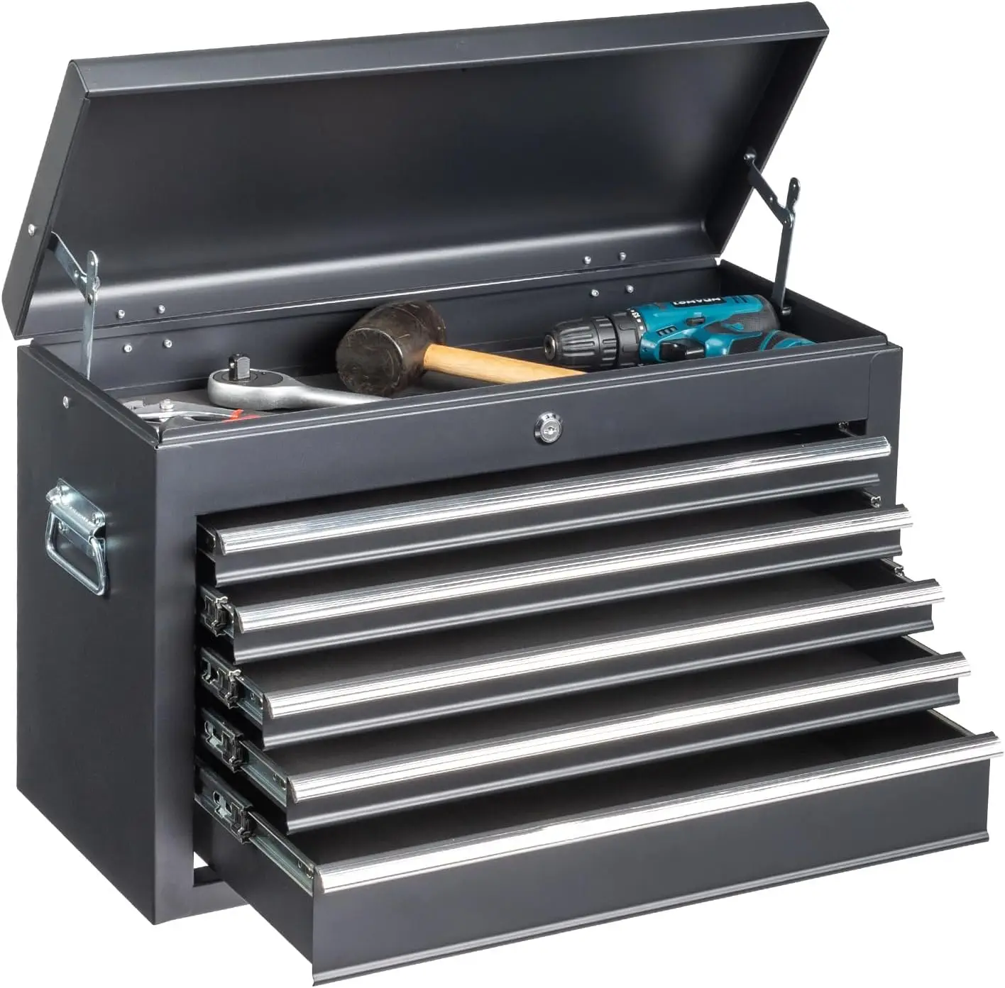 

24' Portable Metal Tool Box, 5 Drawers Toolbox with Top Storage Tray, Carry Handle, Ball Bearing