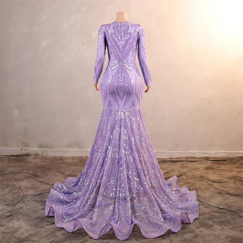 2024 Full Sleeves Sweep Train Sequins Fabric Luxury Deep V Neck Sexy Evening Dresses For Party Cooktail Ball Vestidos de noche