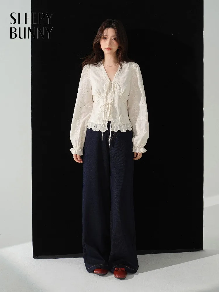 

Винтажная элегантная хлопковая блузка, женская рубашка с v-образным вырезом и рюшами, ажурный топ с длинными рукавами и женским ретро-дизайном