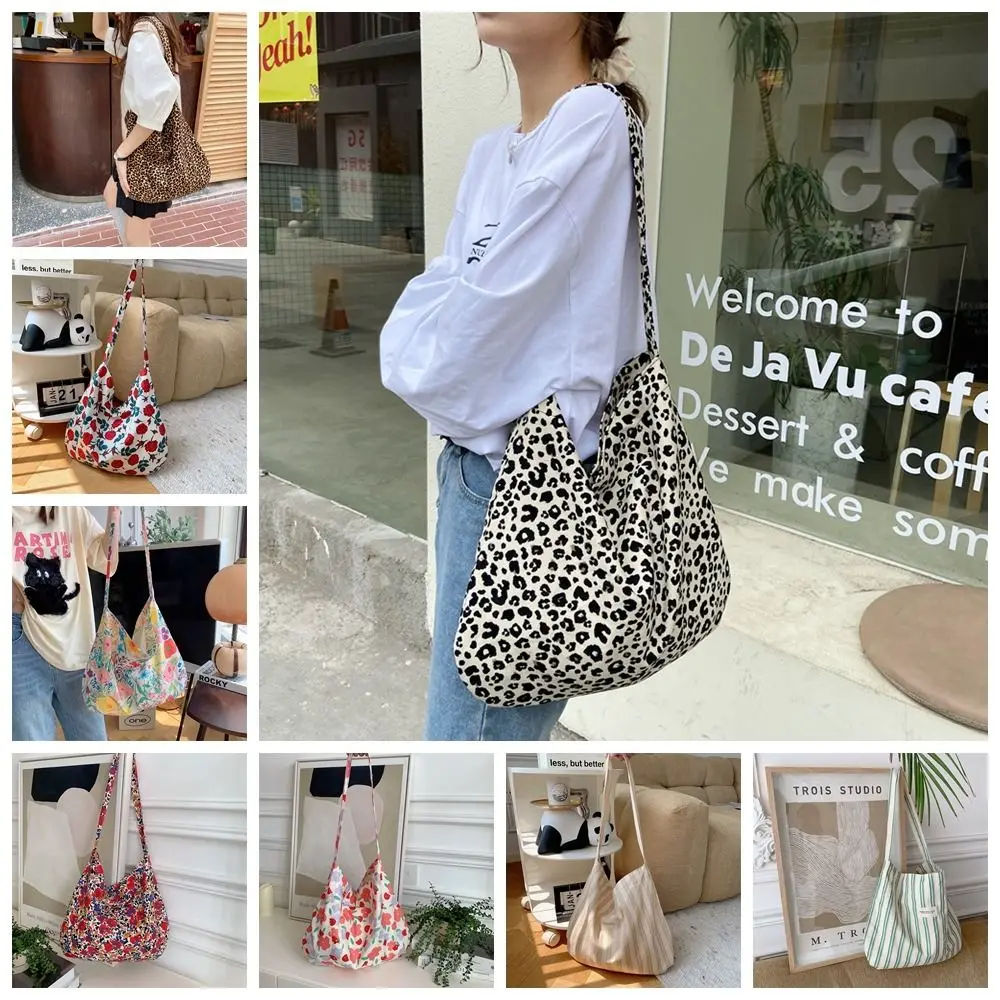 Vintage Bedrukte Bloemen Canvas Tas Streep Luipaardprint Stoffen Tas Draagtas Crossbody Tas Canvas Schoudertas Opbergtas