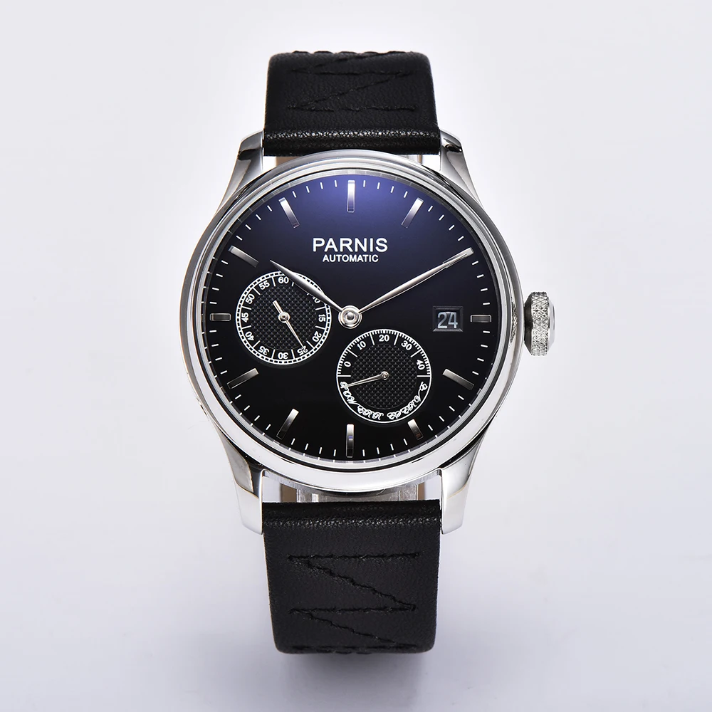 Fashion Parnis 43mm White Dial Automatic Man Watch Power Reserve Mechanical Calendar Leather Strap Wristwatches For Men relogios