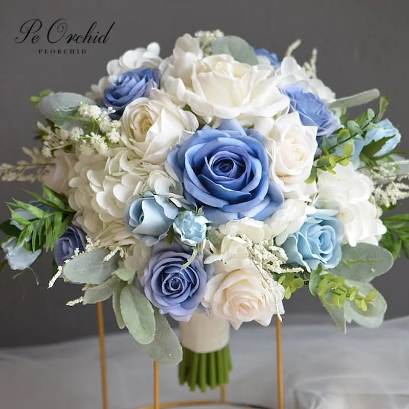 PEORCHID Fake Dusty Blue Bride Iuxury Bouquets For Wedding Flowers Beach Real Touch Roses Pale Blue Ivory Bridesmaids Bouquets