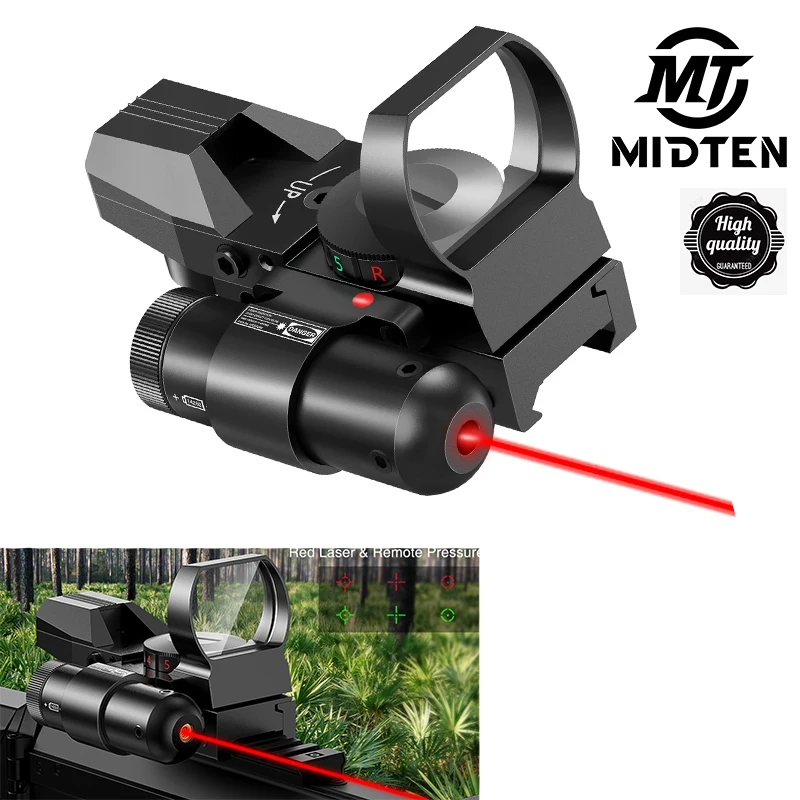 MidTen 1X22X33 Sight Red Dot Sight Red Green 4 Reticle Optics with Laser and Pressure Pad Switch for 20mm Rail