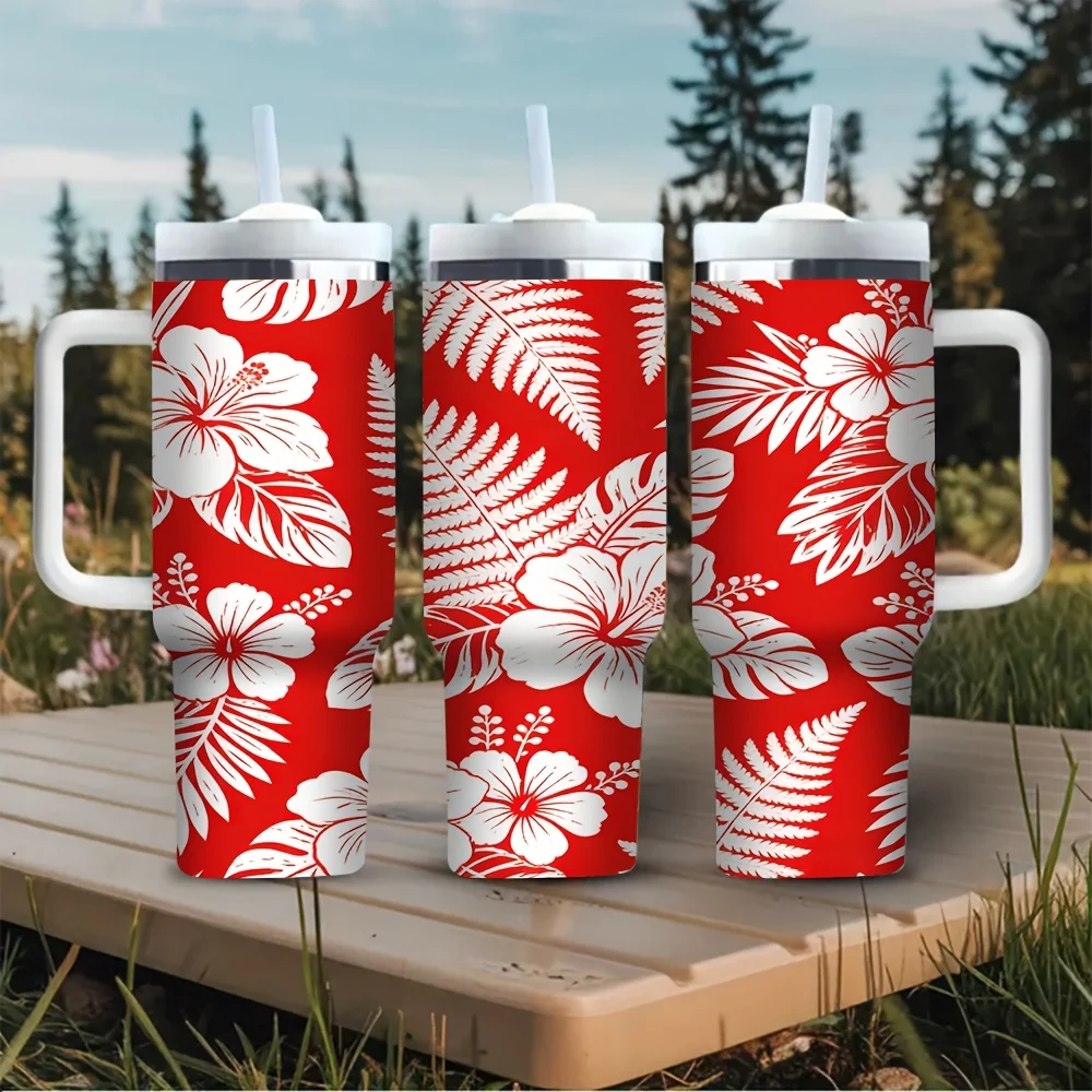 Red White Tropical Flower and Fern Print 40oz Tumbler with Handle, Suitable for Everyone, Ideal for Daily Use, Outdoor Travel, Hiking And Camping, Keeps Drinks Cold Or Hot