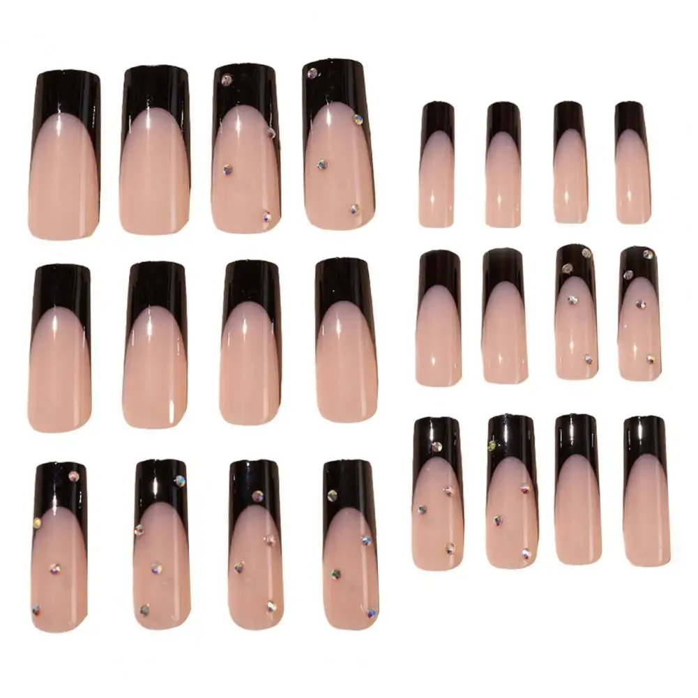 Long Fake Nail Salon Nails at Home Acrylic Press on Nails Extra Long Rhinestone Full Cover Black Square Fake Nails with Design