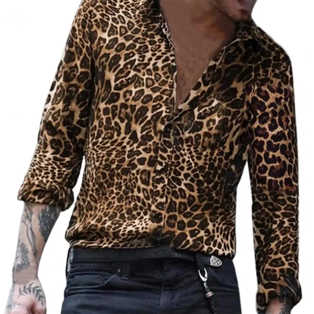 

Summer Men Shirt Lightweight Long Sleeve Plus Size Male Shirt Blouse Leopard Print Shirt Top Streetwear