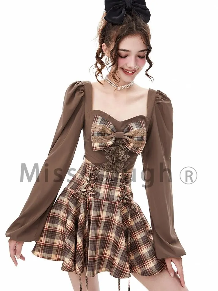 Korean Style Sweet Two Piece Set Women Bow Elegant Plaid Skirt Suit Autumn 2022 Long Sleeve Blouse + Japanese Party Mini Skirt