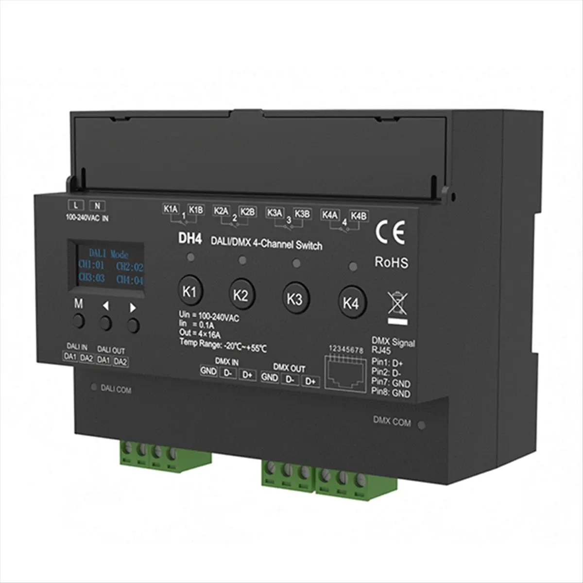 AT42 For 4-Channel Switch With OLED Display Screen Relay 4CH Dry Contact Output 4 Address -RDM Din Rail 100-240VAC