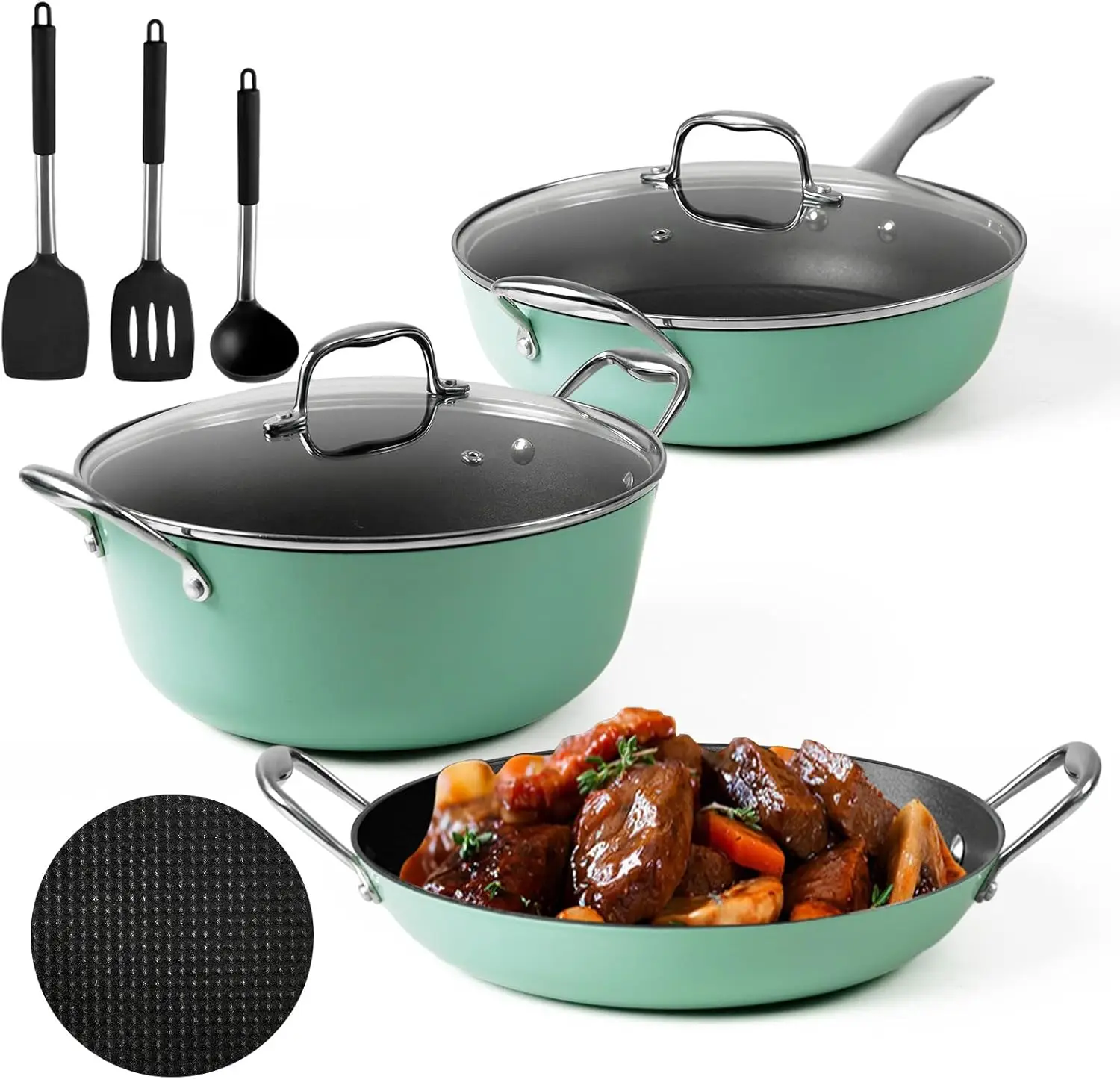 8Pcs Cast Iron Pots And Pans Set Nonstick Kitchen Cookware Sets Green Induction Cookware Non-Toxic Healthy Non Stick Cooking