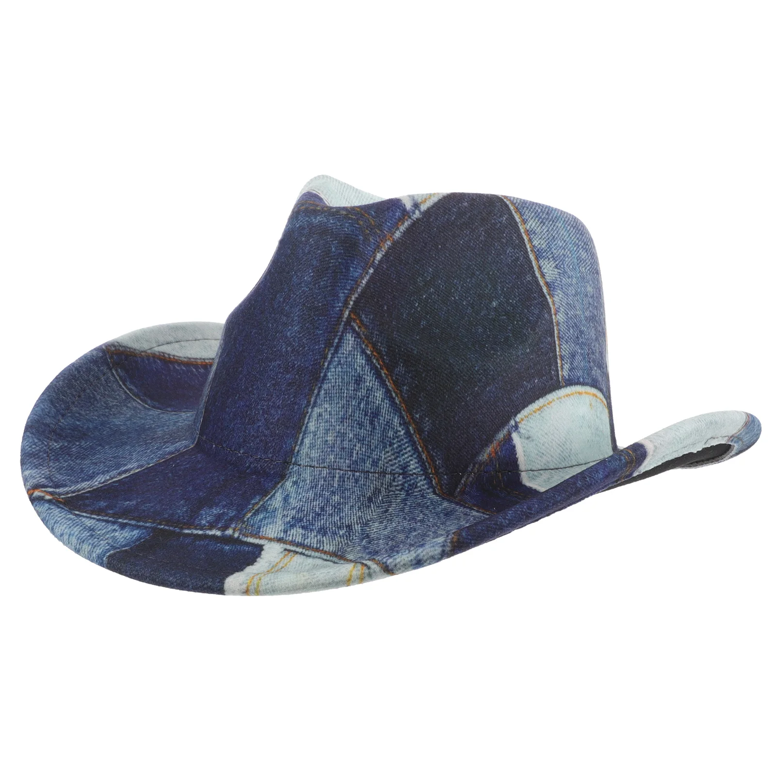 

Retro Cowboy Hat Denim Print Patchwork Comfortable Flat Top Breathable Material Vintage Distressed Wide Brim Costume Hat
