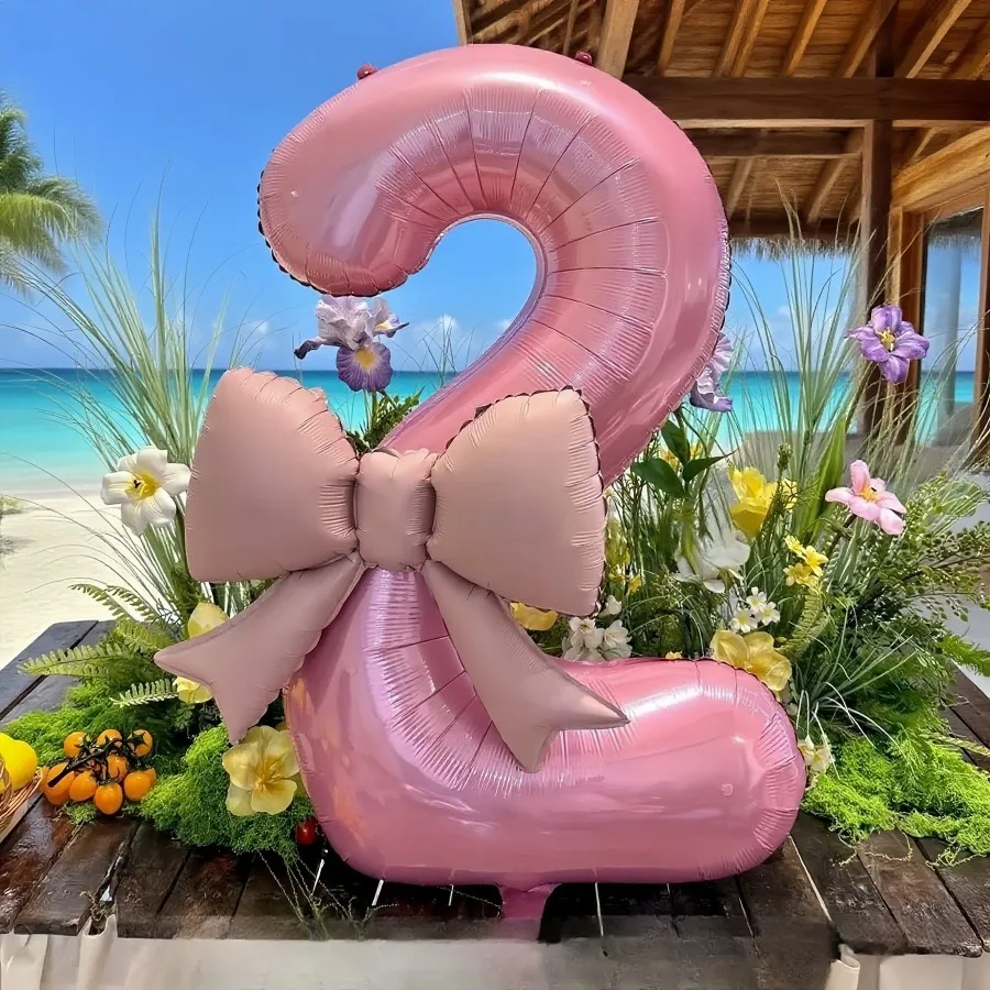 2pcs/set 32 inch pink numbered 0-9 balloons, 21 inch bow aluminum foil balloon set, suitable for birthday party decoration - Image 3