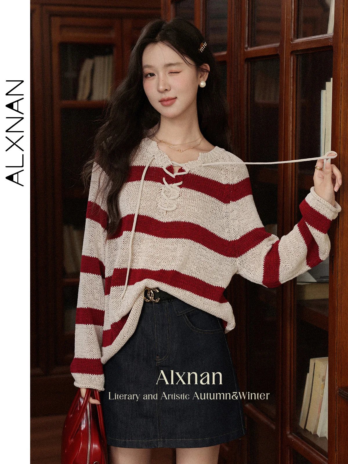 

ALXNAN Vintage Red Striped Pullovers 2025 Autumn Loose-fit Long Sleeve Jumpers Neckline Tie Hollow Design Sweaters Female L56718