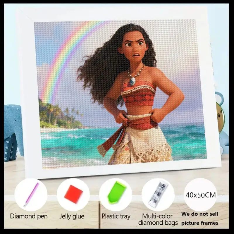 

NEW! Moana 5D Full Drill Diamond Painting Kit, Disney Princess Heroine Cartoon Art, Vibrant Beach Ocean Rainbow Scene DIY Diamon