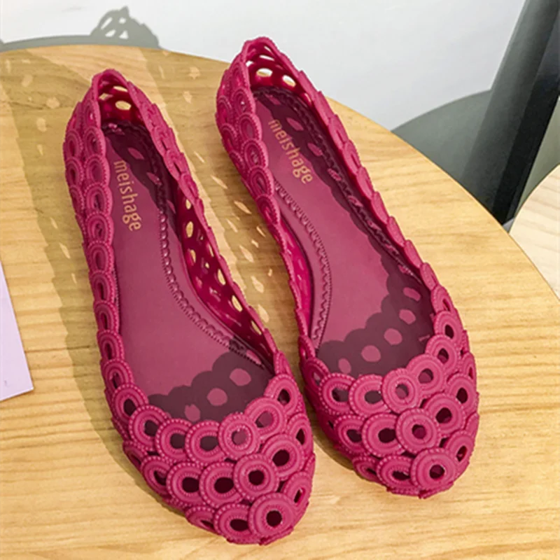 Women Low Pricing PVC Jelly Shoes Hollow Breathable Daily Outdoor Casual Chaussure Pinkish Red Round Toe Maccasines Ballet Flats