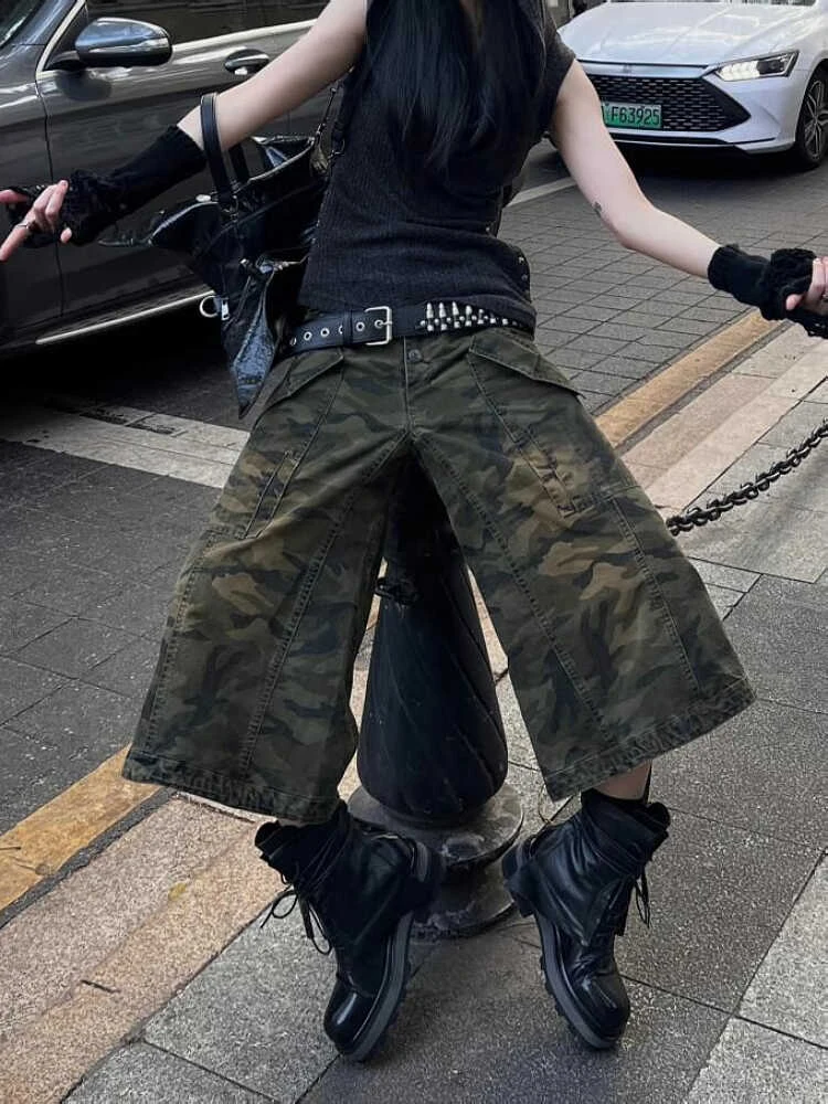 Summer Women American Vintage Japanese 2000s Camo Jorts Jean Shorts Knee Length Denim Pants Y2k Streetwear Harajuku Punk Baggy