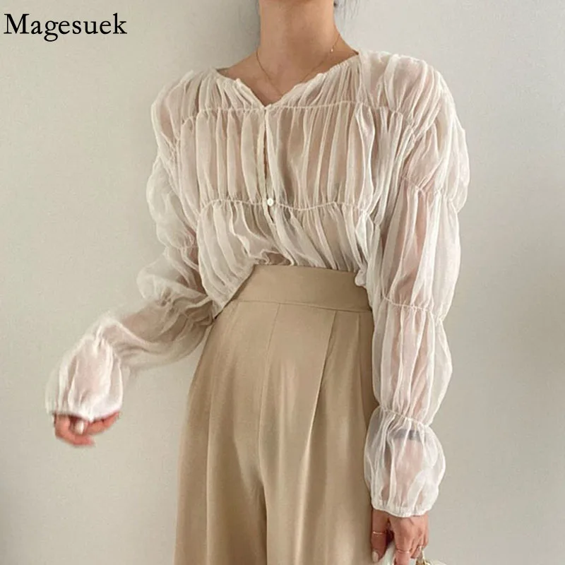 

Summer Pleated Chiffon Shirt Korean Fashion Loose Casual Blouse Women Folds Perspective Long Sleeve Tops Blusas Mujer 15624