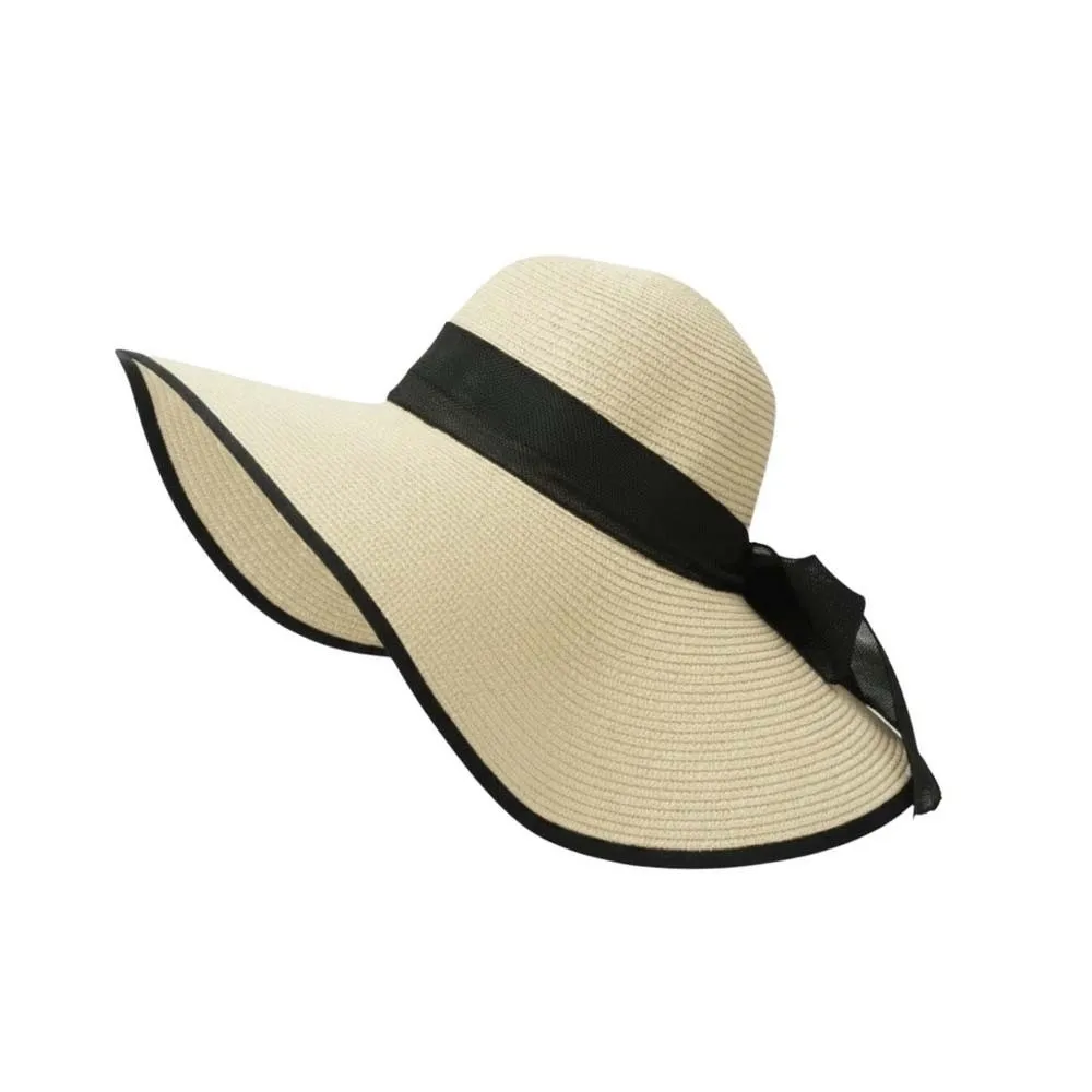 

Breathable Vacation Beach Cap with Lace Ribbon Sunshade Topi Big Brimmed Straw Hat Solid Color Folding Woven Sun Cap