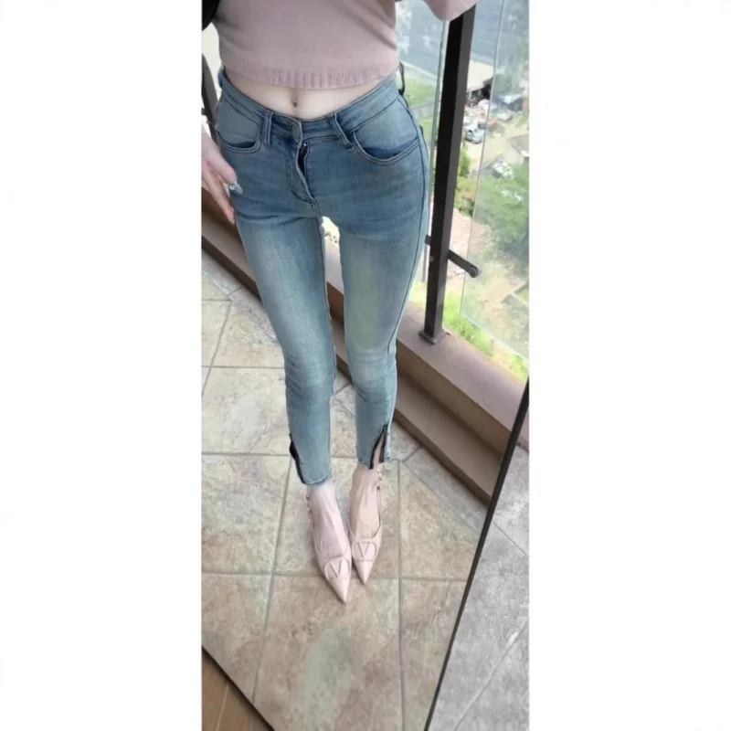 

INSStylish design~High-waisted elastic pencil pants with zipper at the hem, slim-fit denim skinny pants