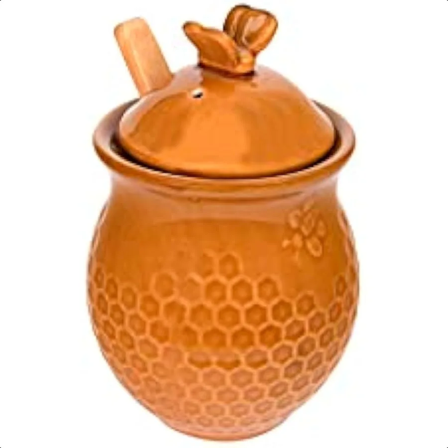 

Small 3 Piece Yellow with Decorative Bees Stoneware Honey Jar with Lid and Wood Honey Dipper
