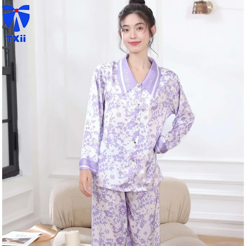 Pijama de seda gelo feminino, roupas de lazer para casa, estilo floral roxo, estilo novo confortável outono