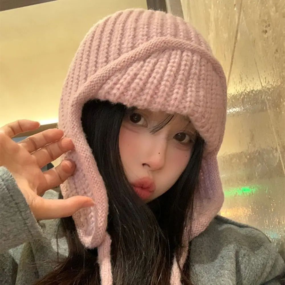 Casual Korean Style Knitted Flying Cap Solid Color Cold Proof Knitted Woolen Hat Thicken Ear Protection Woolen Crochet Cap Girls