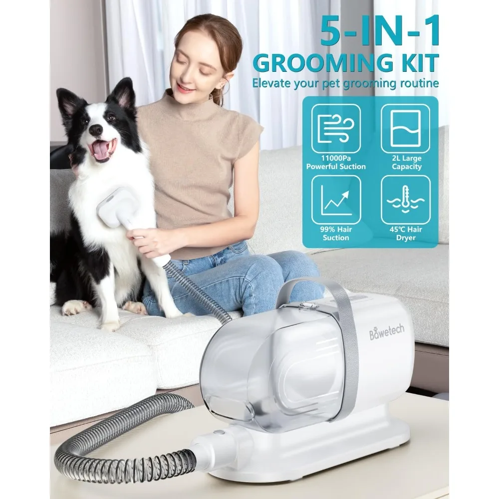 B2 Pet Grooming Kit, 5 in 1 dog grooming vacuum and dryer with scissors and brushes, 113 F dryer,low noise pet hair removal tool