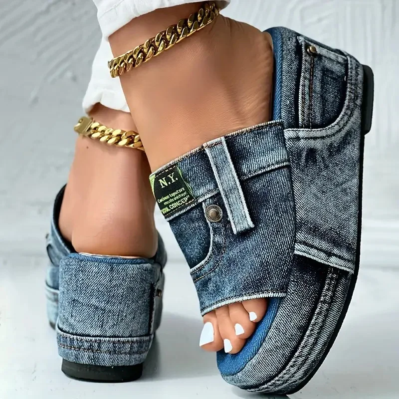 Platform Women Slippers New Summer Elegant Denim Sandals Comfortable Slip on Shoes Beach Walking Slippers Casual Slides Women - Image 6