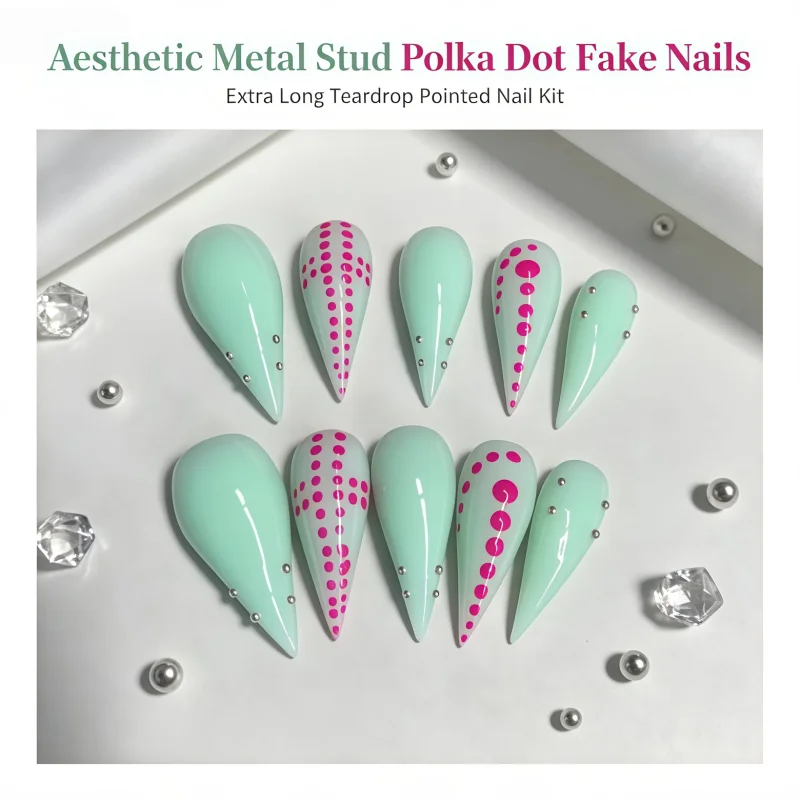 2026New 10PCS of delicate and fresh mint-colored pastel pink polka dot fake nails, with built-in mini silver metal rivets