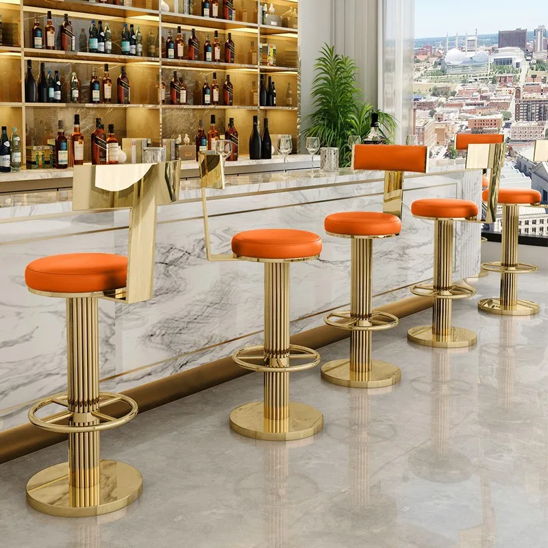 Taburete de bar giratorio personalizado, moderno, dorado y naranja, piezas de altura de mostrador, taburetes superiores, sillas de club de cocina para Barra de desayuno