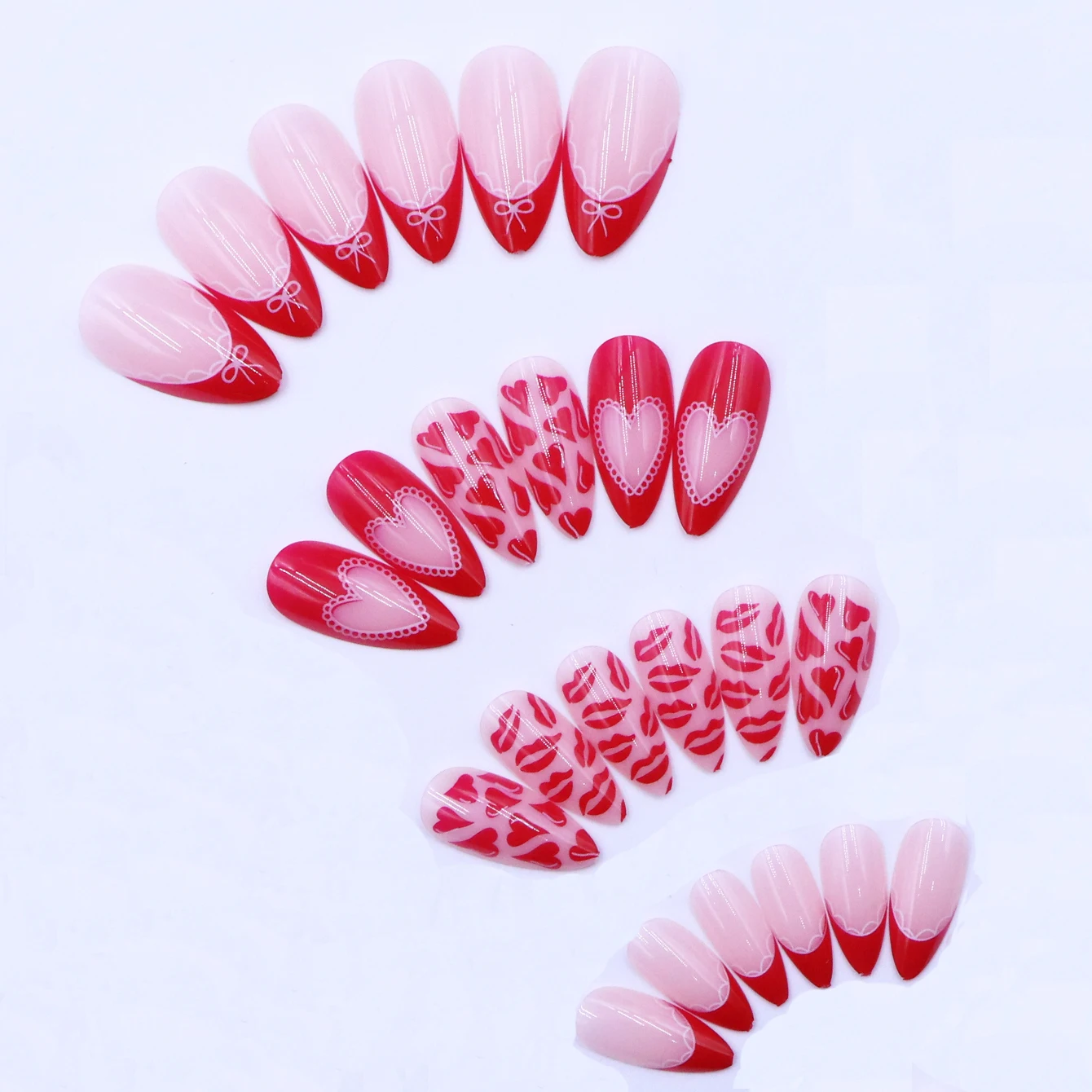 24PCS Pressed French Almond Artificial Nails Featuring Red Lips, Hearts And Bows Design Acrylic Nails Valentine'S Day Nails