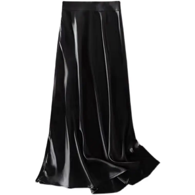 Satin glossy triacetic acid elastic elastic waist medium and long skirt solid color small A-shaped skirt