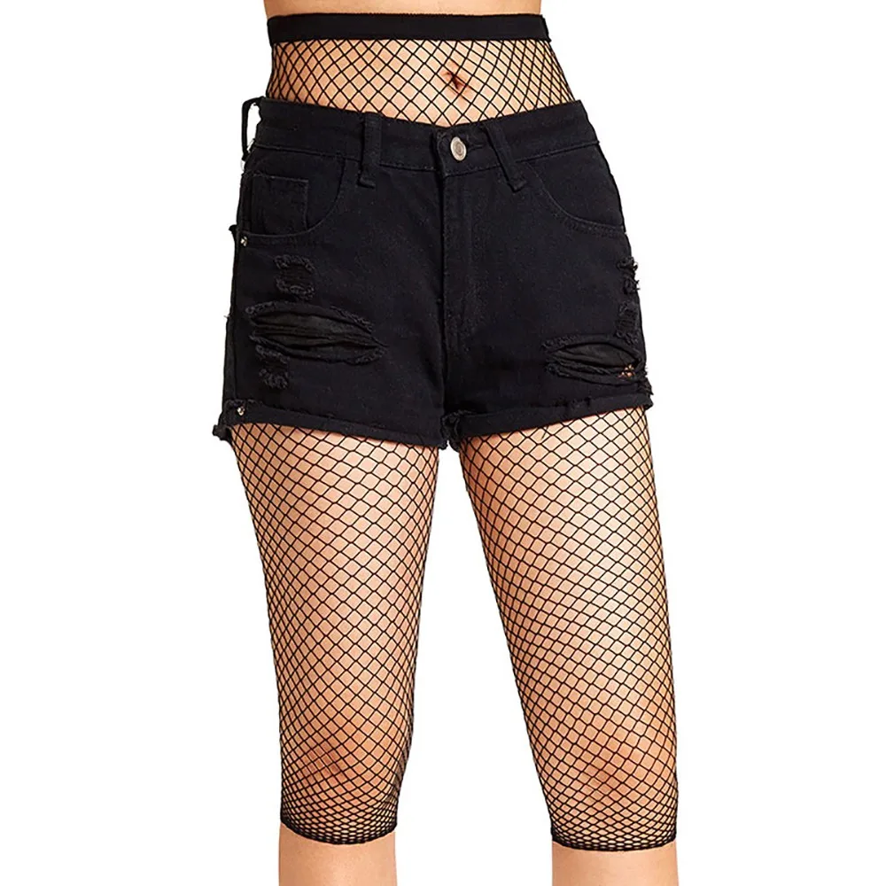 Women's High Waisted Fishnet Semi Skinny Shorts See Through Stockings