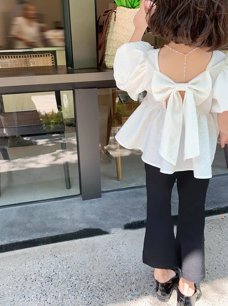 

Set Kid Girl 2025 Summer New Style Cotton White Solid Puff Sleeve Square Collar Bow Flared Pants Fashion Casual Korean