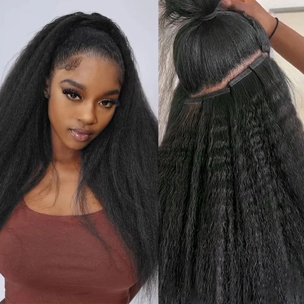 Kinky Straight Tape In Hair Extensions 20Pcs/50g Adhesive Invisible Yaki Straight Tape Ins 100% Human Hair Natural Black 26 Inch