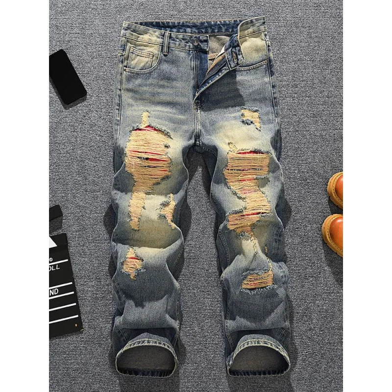 Jeans bonitos de rua para homens, retrô nostálgico, solto, tubo reto, remendo de piercing, feito de tecido jeans antigo, calças de pernas largas
