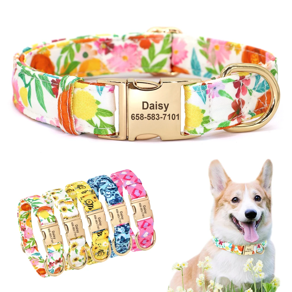 Floral Printed Custom Dog Collar Personalized Adjustable Nylon Pet Dog Nameplate ID Tag Collar Metal Buckle For Small Large Dogs