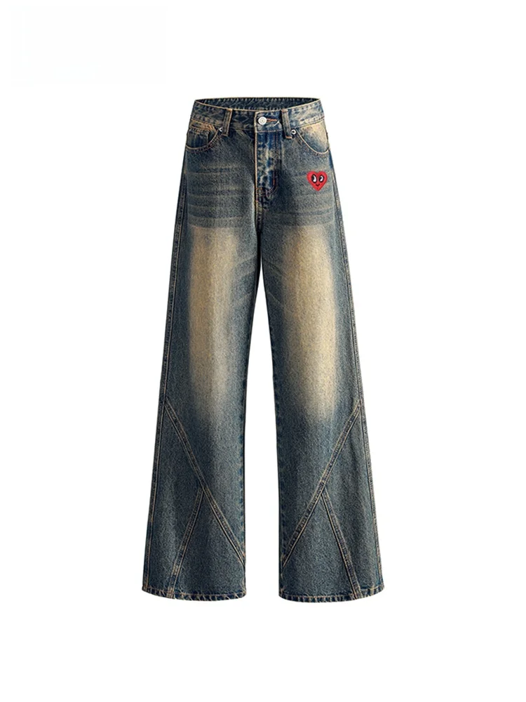 Calça Jeans Unissex Charles Heart American Splice Simples Lavada Solta Casual Reta em Mistura de Algodão Respirável e Confort...