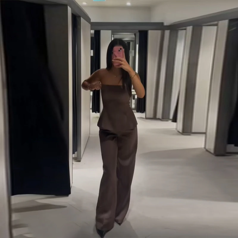 Zaza فاخر مثير الساتان أعلى بانت مجموعات للنساء حمالة الخصر النحيف سترة عارضة الصلبة السراويل 2025 جديد سيدة الخريف وتتسابق #6