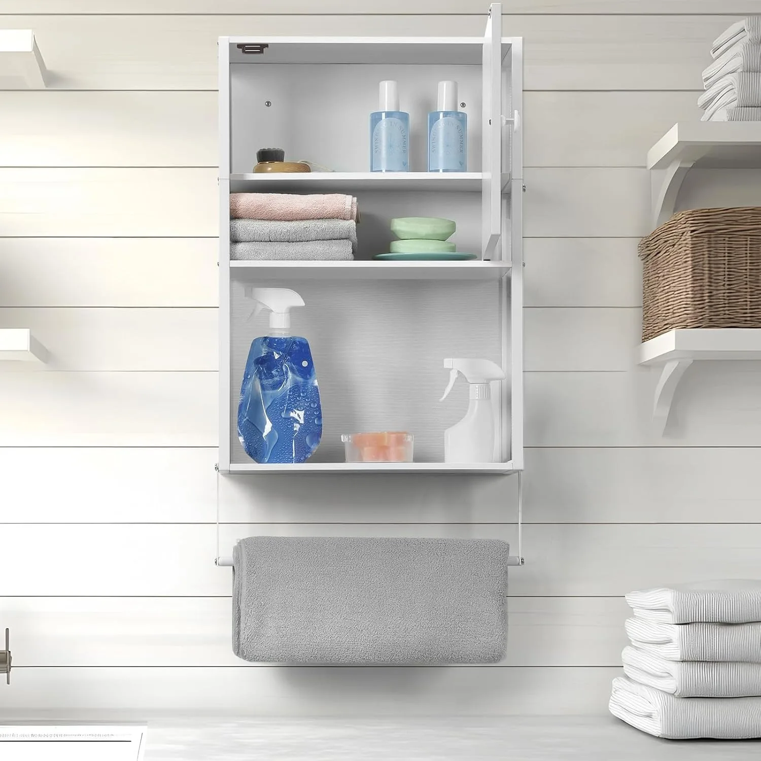 

Wall-Mounted Medicine Cabinet with Towel Bar, 3-Tier Bathroom Organizer for Small Spaces, Space-Saving Hanging Storage (White)