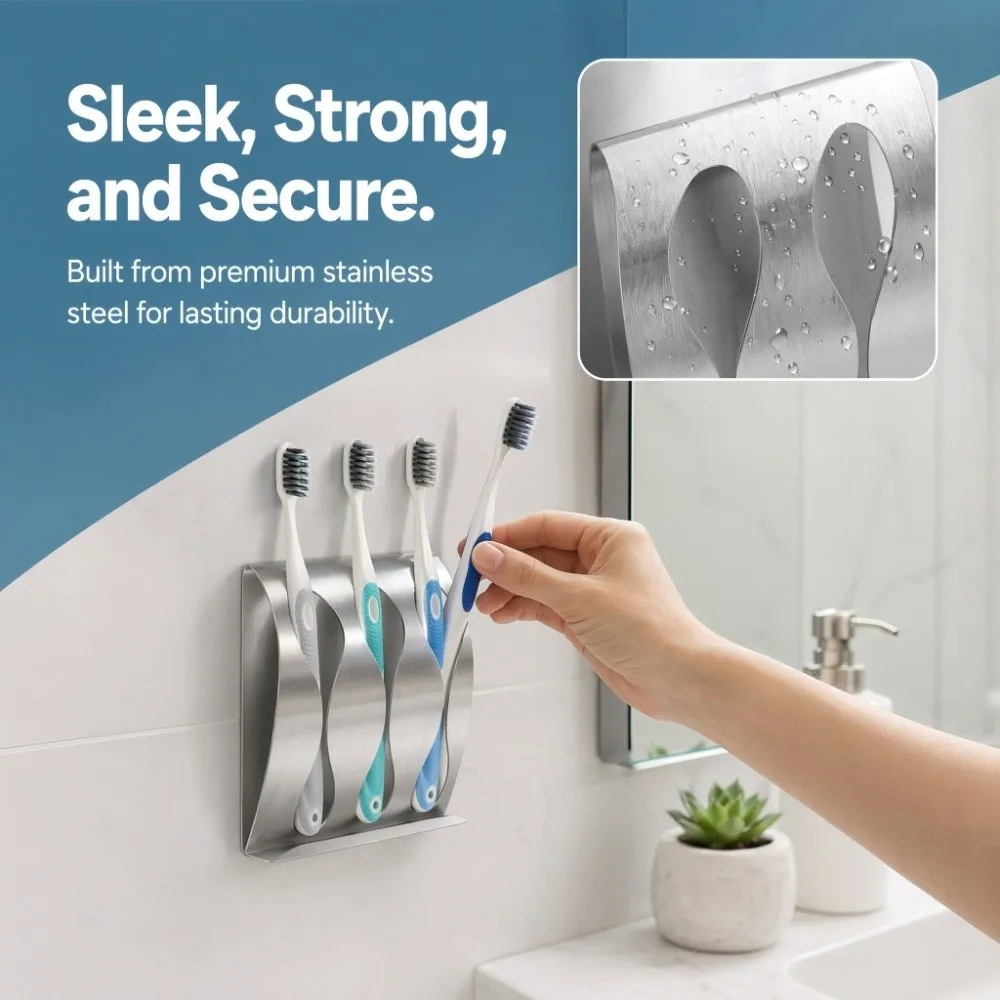 Stainless Steel Toothbrush Holder Silver Punch-Free Toothbrush Organizer Self-Adhesive Modern Design Razor stand