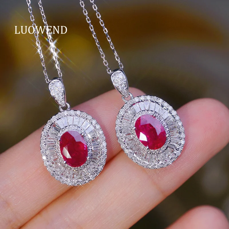 LUOWEND 100% 18K White Gold Necklace Luxury Classic Design Shiny Diamond Natural Ruby Pendant Necklace for Women Senior Banquet